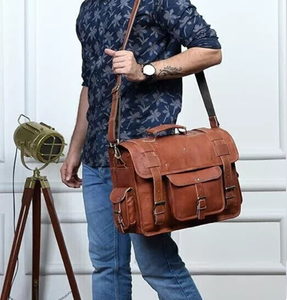 Tan Brown <b>Leather</b> Briefcase with Adjustable Shoulder Strap and Front Pockets, Available at wholesale prices. - Product Image 1