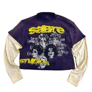 Sweat-shirts personnalisés à impression sérigraphique, effet délavé, coupe courte, manches double couche, uniques, pour hommes, en tissu épais, col rond, décontractés - Product Image 1