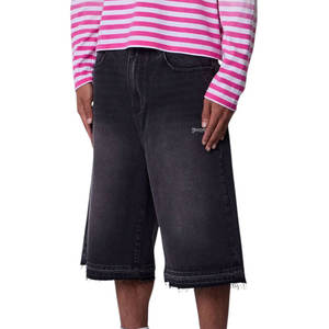 Ultra <b>Baggy</b> Denim <b>Shorts</b> Washed Black Raw Edge Design Relaxed Fit Heavy Denim <b>Shorts</b> for <b>Men</b> OEM Streetwear Supply - Product Image 4