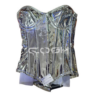Corset de maintien de la taille en acier, argenté métallisé brillant, avec bonnets arrondis et fermeture frontale à busclettes - Product Image 1