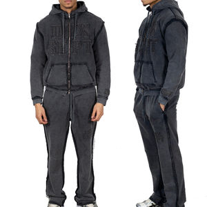 Custom Acid Wash Zip-Up Hoodie Sweat <b>Pants</b> Set 100% Cotton Distressed Embroidery Raw Edge Patch Tracksuit OEM Service Available - Product Image 1