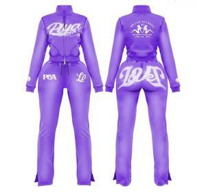 Ensemble de vêtements d'automne 3 pièces pour femmes, survêtement personnalisé avec logo en strass, streetwear, soutien-gorge de sport, veste et pantalon de yoga évasé pour femmes - Product Image 5