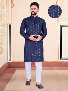 Vêtements traditionnels lourds en coton Lucknowi miroir travail Kurta pyjama Collection pour hommes - Product Image 6