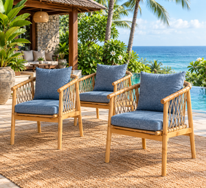 Juego de 2 sillones de teca para exterior con laterales de ratán tejido y cojín azul marino - Product Image 3