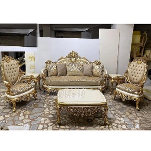 Conjunto de sofá de madera de teca estilo italiano para sala de estar, juego de sofá de 5 plazas estilo victoriano clásico indio con hojas doradas para sala de estar - Product Image 1
