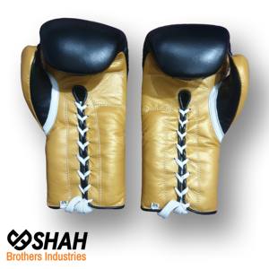 Custom Gold Cowhide Leather Boxing <b>Gloves</b> for MMA Kickboxing Training Sanda with <b>Laced</b> Wrist Feature - Product Image 3