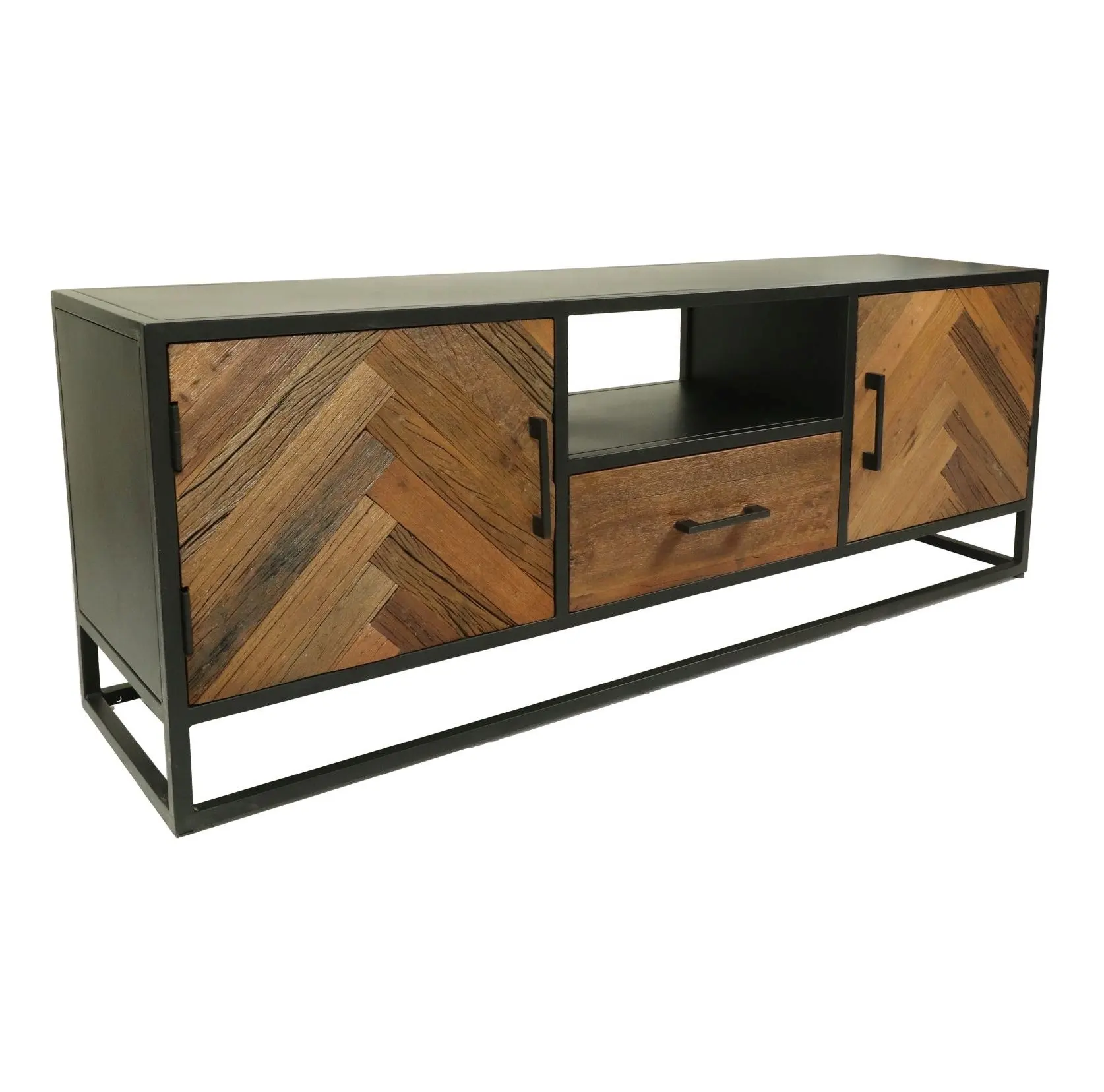 विंटेज औद्योगिक Herringbone शैली पैटर्न स्लीपर लकड़ी के पैनल लोहे और लकड़ी टीवी स्टैंड के साथ इकाई 1 भंडारण दराज के साथ दो दरवाजे