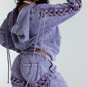 Lavage à l'acide femmes survêtement ensemble femmes Streetwear Vintage en détresse broderie éponge à capuche et pantalons de survêtement femmes survêtement ensemble - Product Image 3