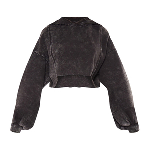 High Quality Cotton Acid Wash Cropped Hoodie Quick Dry Breathable Solid Pattern New Arrival <b>Black</b> Raw Hem Front Winter Essential - Product Image 3