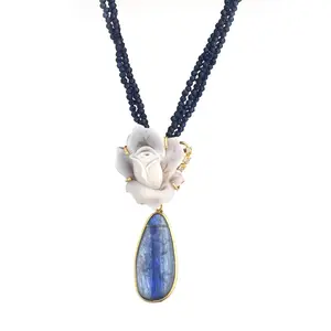 FLORAL CAMEO NECKLACE IN SARDONYX MM 25/30 HAND-ENGRAVED IN GOLD-PLATED 925 SILVER BLUE LACE DROP 30 MM 2 MM ZIRCONIA 45 CM