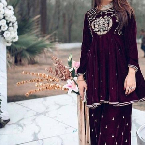 DAZZLING PEPLUM & PALZO ON VELVET <b>FABRIC</b> EMBELLISH BEAUTIFUL CRYSTAL GLASS BEADS, DABKA WORK for Party-WEAR@2022 - Product Image 1