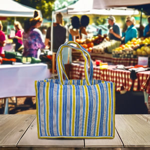 Sacs cosmétiques de plage écologiques personnalisés en nylon recyclé tissé à la main de haute qualité, sacs de shopping rayés à la mode, réutilisables - Product Image 6