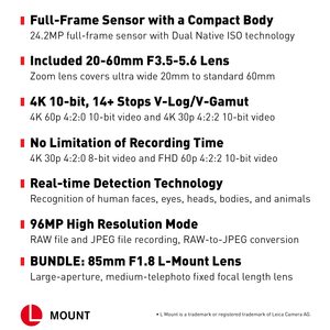 กล้องดิจิตอลมืออาชีพสำหรับถ่ายภาพและวิดีโอ พร้อมเลนส์ 85 มม. F1.8 L Mount แบบเปลี่ยนได้ ฟูลเฟรม มิเรอร์เลส มือสอง - Product Image 1