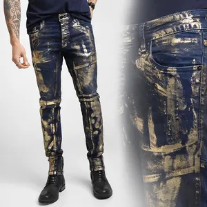 カスタム卸売OEMジーンズ製造プリント高品質デニムパンツ男性用通気性ゴールデンフォイルプリントスリムフィットジーンズ