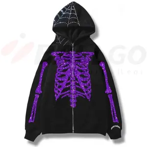 Custom Hoodie Red Skeleton Rhinestone Full Face Zip up Hoodie For Men with Skull Bone style