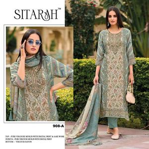 Pur Viscose mousseline fantaisie broderie travail numérique imprimé élégant festif ethnique femmes fête porter Salwar costume indien pakistanais - Product Image 5