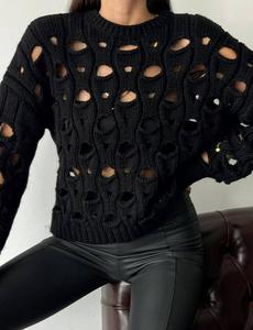 2024 nuevo cárdigan negro de chica caliente para mujer Casual de manga larga hueco Top suelto de talla grande de espesor fino de punto para sólido - Product Image 2