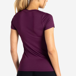 Alta demanda púrpura mujer transpirable de longitud completa suave elástico manga corta Camiseta cuello redondo elegante y Yoga gimnasio entrenamiento camiseta - Product Image 6