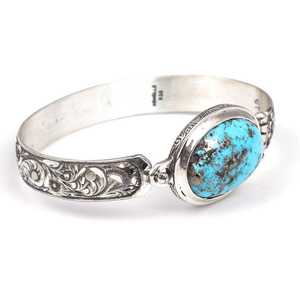Unisex 925 Sterling <b>Silver</b> Fine <b>Charm</b> <b>Bracelet</b> with Flower-Shaped Oval Turquoise Stone in Bezel Setting Everyday Wear 36.82g - Product Image 4