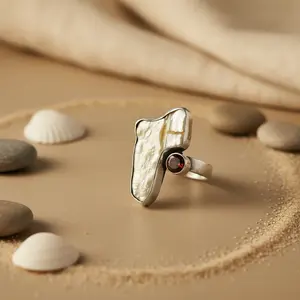 Anillo de Plata 925 con Perla Geométrica y Granate para Mujer, Estilo Boho y Hip Hop, Piedra Natural, Corte Ovalado, Joyería Fina - Product Image 3