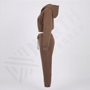 Conjunto Deportivo de Dos Piezas para Mujer, Sudadera con Capucha y Cremallera, Estilo Desgastado, Color Personalizado, Ropa Deportiva de Algodón para Invierno - Product Image 3