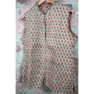 Chaleco Estampado a Mano con Diseño Mughal, Color Verde Mandarina, Decorado con Botones, Prenda Exterior de Punto Impermeable para Primavera/Invierno, Ropa de Oficina - Product Image 1
