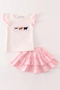 Lindo y cómodo conjunto de falda de niña con bordado de vaca Rosa Tema de granja o uso diario con falda y Top para bebé - Product Image 2
