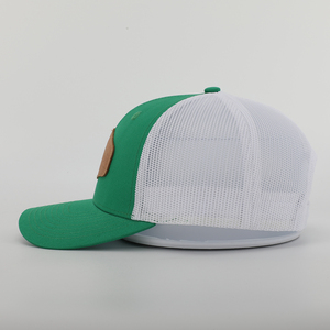Premium Men's 6-Panel Green Cotton Twill Leather Patch Logo Mesh Gorras 112 Trucker Cap Hat Custom High Quality Puff Printing - Product Image 4