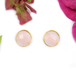 Bohème rose calcédoine Hydro Quartz forme ronde 8MM 24K plaqué or lunette boucle d'oreille pour les femmes en gros bijoux fête - Product Image 1