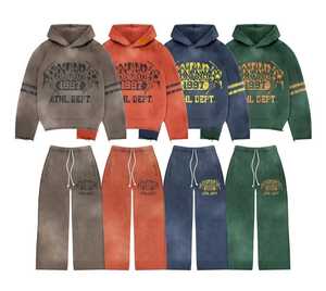 OEM Acid Wash Tracksuit Hooded Sweatshirt and Jogger <b>Pants</b> Streetwear Gym Set 2 Piece Jogger Set Custom Logo Sportswear Outfit - Product Image 5