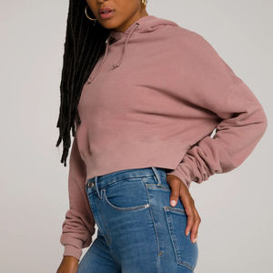 Femmes Logo personnalisé 100% coton solide cordon à capuche haut court manches longues respirant polaire décontracté vêtements d'hiver en gros - Product Image 3