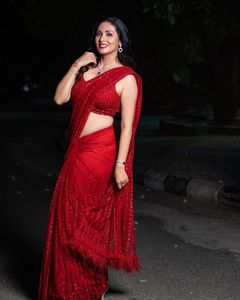 New Beautiful Heavy Sequence Embroidered Work With <strong>Net</strong> Ruffle Party Wear <strong>Red</strong> Colour <strong>Saree</strong> With Blouse - Product Image 3