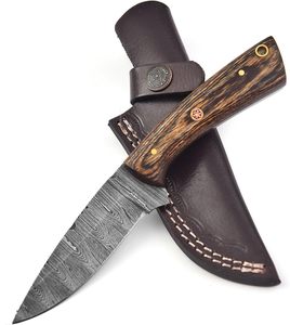 Couteau de chasse en acier damas fait à la main de haute qualité avec gaine en cuir conception de couteau de Camping à lame fixe prise en charge OEM - Product Image 1