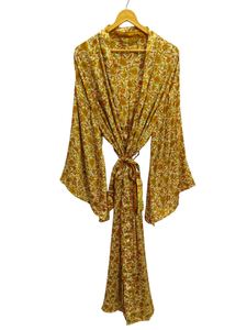 Bridal Robe Light Weight Silk Robe For <b>Woman</b> Night Wear Long Robe, Floral Print Indian Vintage Recycled Silk Sari <b>Kimono</b>, - Product Image 2