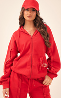 Conjunto de chándal con capucha y detalle de costura para mujer de 2 piezas rojas con logotipo personalizado éxito de ventas conjunto de chándal y chándal de dos piezas para mujer de cuerpo entero