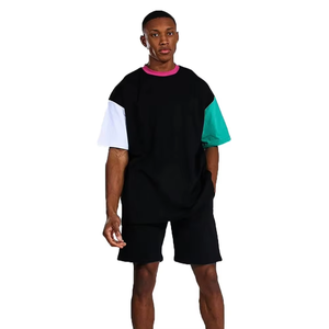 T-shirt à col rond pour homme avec blocs de couleur et manches contrastées, noir, blanc, vert sarcelle, ensemble décontracté d'été, 100% coton tricoté respirant - Product Image 1