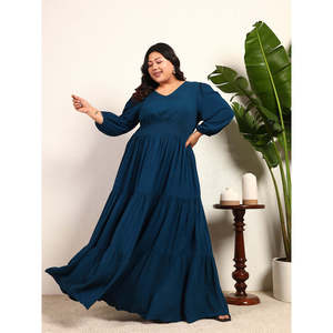 Robe longue décontractée bohème Deebaco pour femme, grande taille, en mousseline bleue, col en V, à volants, manches bouffantes, coupe trapèze, style western - Product Image 1