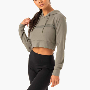 Sudadera con capucha recortada en blanco para mujer al por mayor sudadera con forro polar personalizada con mangas largas para ropa informal y deportiva - Product Image 2