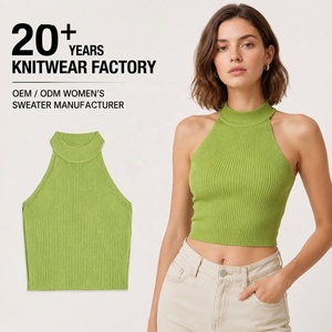 Women's Ribbed Halter <b>Crop</b> Tank <b>Top</b> Solid Green Knitted Breathable Casual Style - Product Image 1