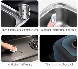 Évier de cuisine en acier inoxydable 201/304 à double compartiment 50/50 fabriqué à la machine, finition satinée/laquée avec égouttoir - Product Image 5