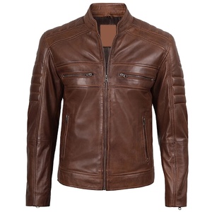 2026 OEM Winter Hot Selling <b>Brown</b> Cowhide <b>Leather</b> <b>Jacket</b> Men's Stand Collar Zipper Front Pockets 100% High Quality Low MOQ - Product Image 1