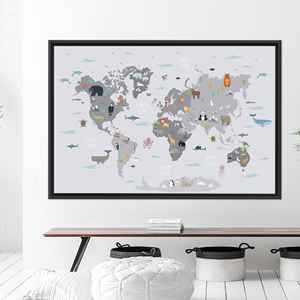 ผ้าใบพิมพ์ลายแผนที่โลกพร้อมรูปสัตว์ - ของตกแต่งผนังสำหรับเด็กสุดหรู,1P:กรอบสีดำ - Product Image 1
