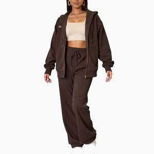 Women Zip Front <b>Hoodie</b> and Straight Leg Pants Set Relaxed Fit <b>Fleece</b> Casual Tracksuit for Bulk Apparel Manufacturing - Product Image 1