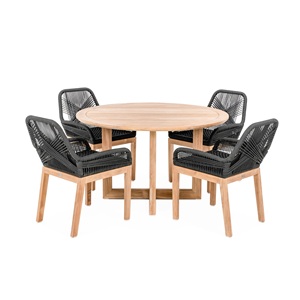 Juego de comedor moderno hecho de marco de madera de teca maciza con cuerda tejida en la silla de comedor para uso en interiores y exteriores - Product Image 1