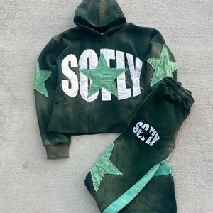 Custom Unisex Tracksuit Streetwear Distressed Patch Cut <b>Sew</b> Patchwork Hoodie Sweatpants <b>Set</b> Sweatsuit Quick Dry Anti-Bacterial - Product Image 3