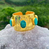 Bracelet manchette large en pierres précieuses turquoise plaqué or 18 carats bracelet réglable manchette grande pierre ovale bijoux manchette faits à la main