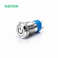 Bouton-poussoir rond plat momentané éclairé, étanche IP68, 12 mm 16 mm, pour montage sur panneau, en métal