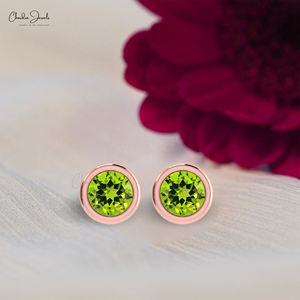 Pendiente de peridoto verde de 5mm de alta calidad, conjunto de bisel de oro sólido de 14K, pendientes minimalistas, tachuelas solitarias, envío gratis, joyería - Product Image 1