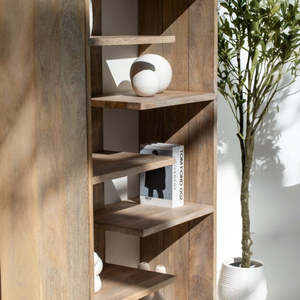 Bohemian Style Wooden <b>Shelf</b> Unit with Crescent Arc Design, Tiered <b>Display</b> Sections and Drawer Base Ideal for Curated Decor - Product Image 3