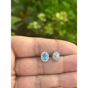 925 <b>Silver</b> for Swiss Blue Topaz <b>Stud</b> Earrings Rose Gold Trendy Pear Emerald Cut for Engagement Geometric Screw Pattern Zircon - Product Image 3